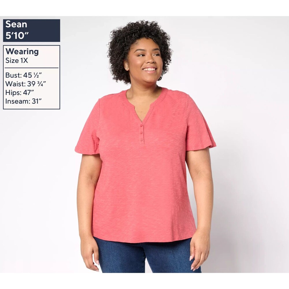 Denim & Co. Linen Blend Flutter Sleeve Printed or Solid Top Clay Red Sz Large